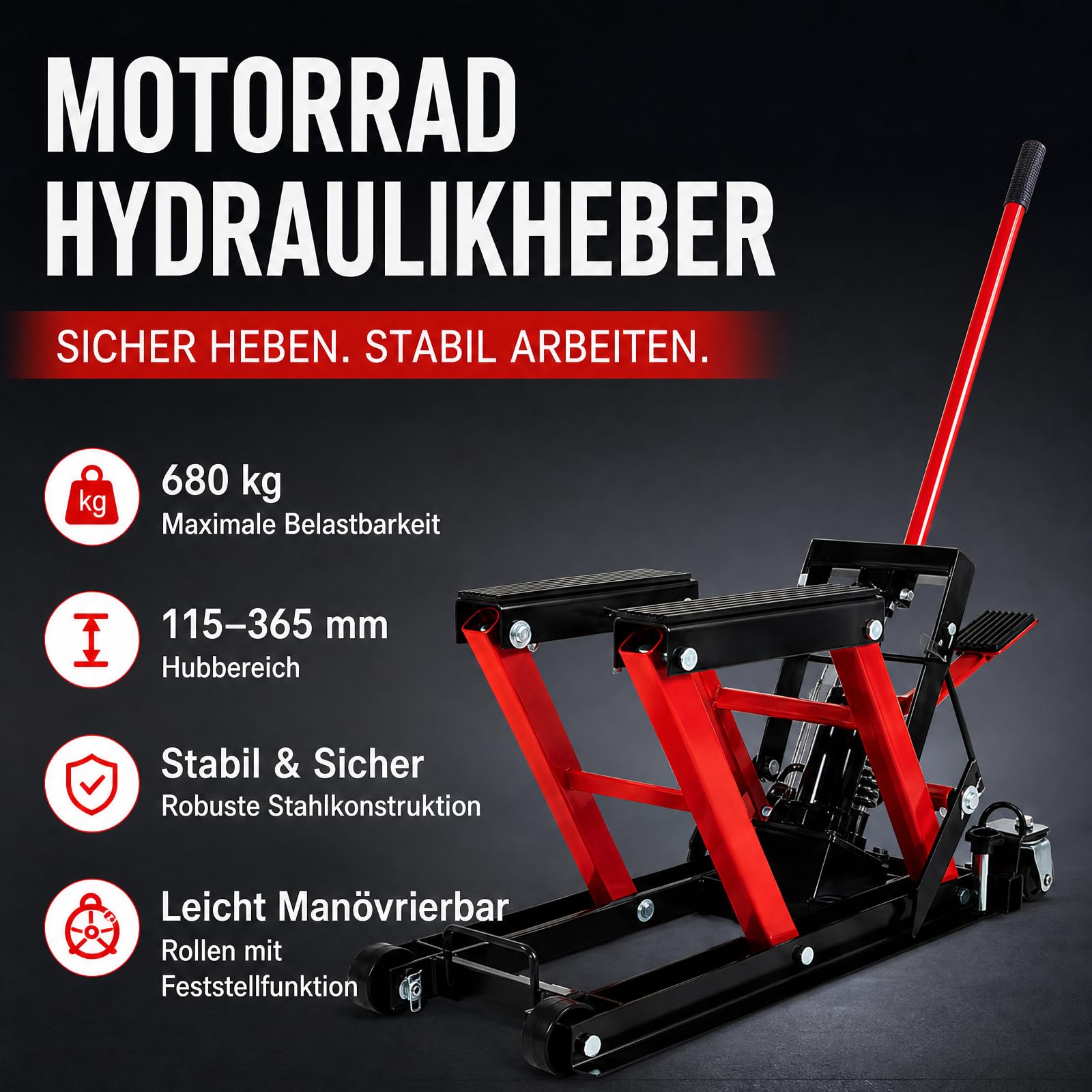 Hydraulischer Motorradheber 680 kg, Hydraulisch Hubhöhe 115-365mm