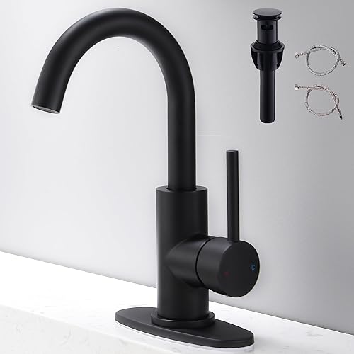 Grifos de baño negros  Grifo de tocador negro mate con drenaje emergente, moderno grifo de fregadero de baño de un solo orificio con placa de
