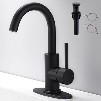 Black Bathroom Faucet | Matte Black Vanity Faucets with Pop-Up Drain, Modern Single Hole Bathroom Sink Faucets with Deck Plate Single Handle Lavatory Faucet 360 Swivel Spout Bar Sink Faucet