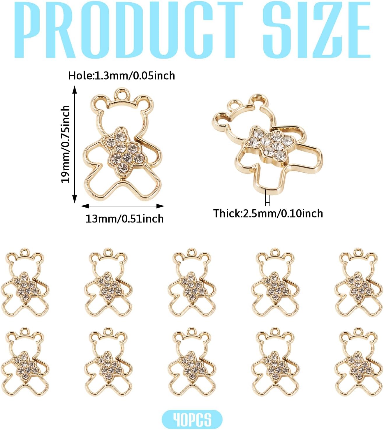 40Pcs Golden Bear Charms Alloy Crystal Rhinestone Hollow Gummy Bear Charms Cute Animal Metal Dangle Pendants Lovely Hang Ornament for DIY Crafts Earring Necklace Jewelry Making - Image 2