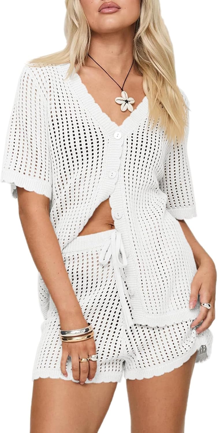 Saodimallsu Womens Crochet Swimsuit Coverup Sets Short Sleeve V Neck Button Tops Drawstring Shorts 2 Piece Beach Outfits