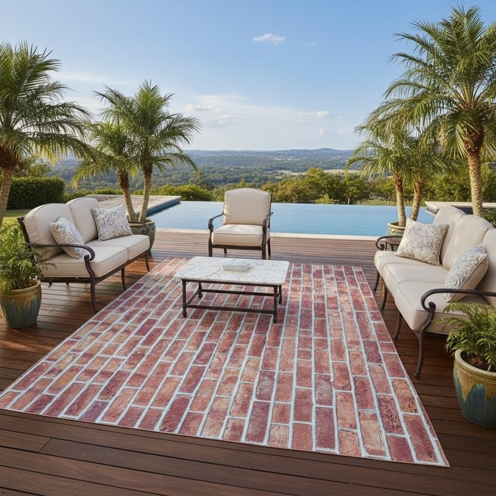 Natural Rose Pink Distressed Vintage Brick Wall Texture Waterproof Rug for Patio Garden Balcony Porch Deck Washable Non Slip Indoor Outdoor Area Rug 4x6 Retro Large Outside Carpet