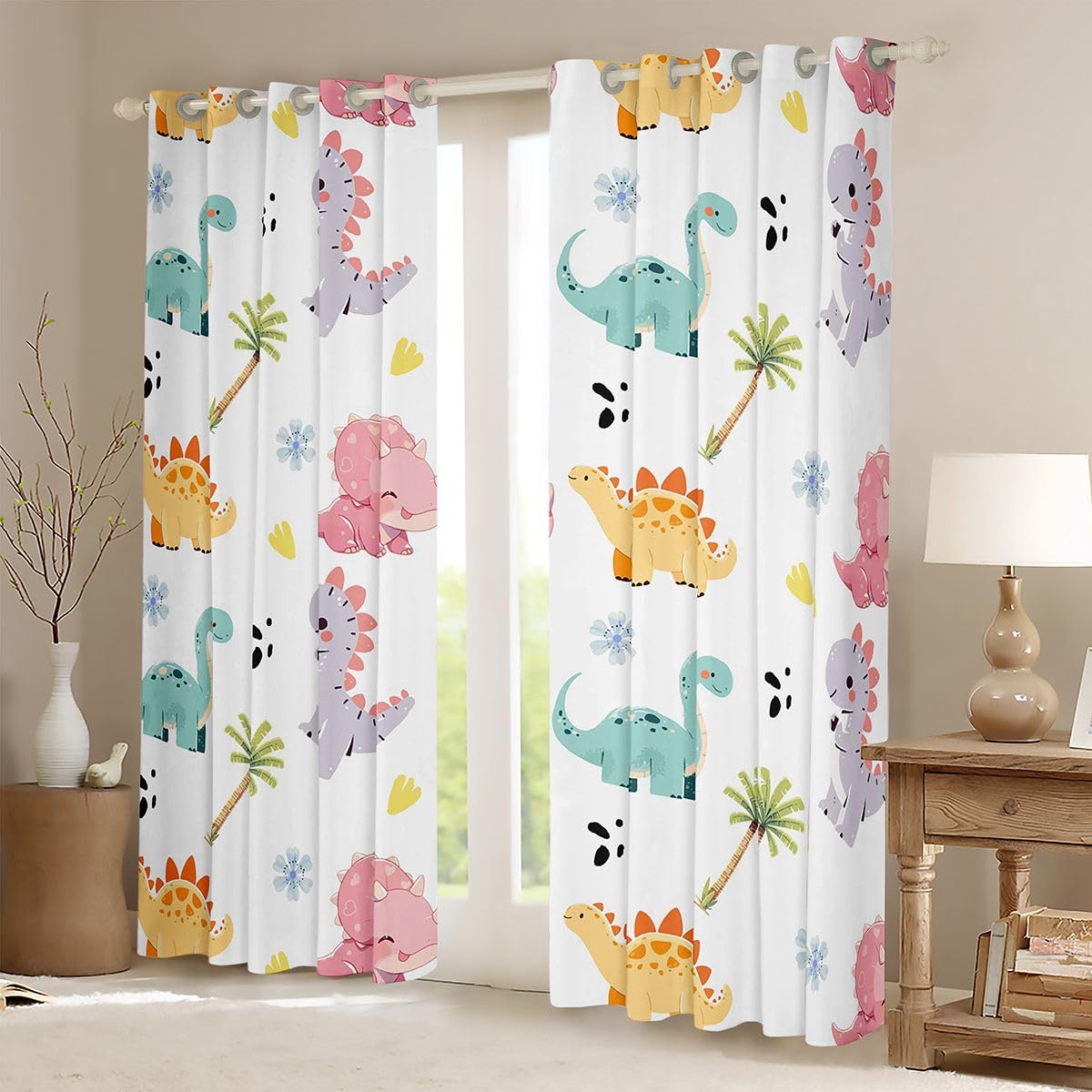 Homewish Zasłony okienne z motywem dinozaura z motywem kreskówkowym, 168 x 229 cm, 2 panele - kawaii, dinozaury, zwierzęta, zasłony zaciemniające, dżungla, zwierzę, zasłony okienne, nadruk palmy