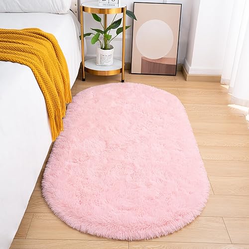Alfombra esponjosa para dormitorio, pequeña alfombra ovalada, alfombra de noche de pelo largo rosa para habitación de niños, guardería, decoración disponible en Yaxa Colombia