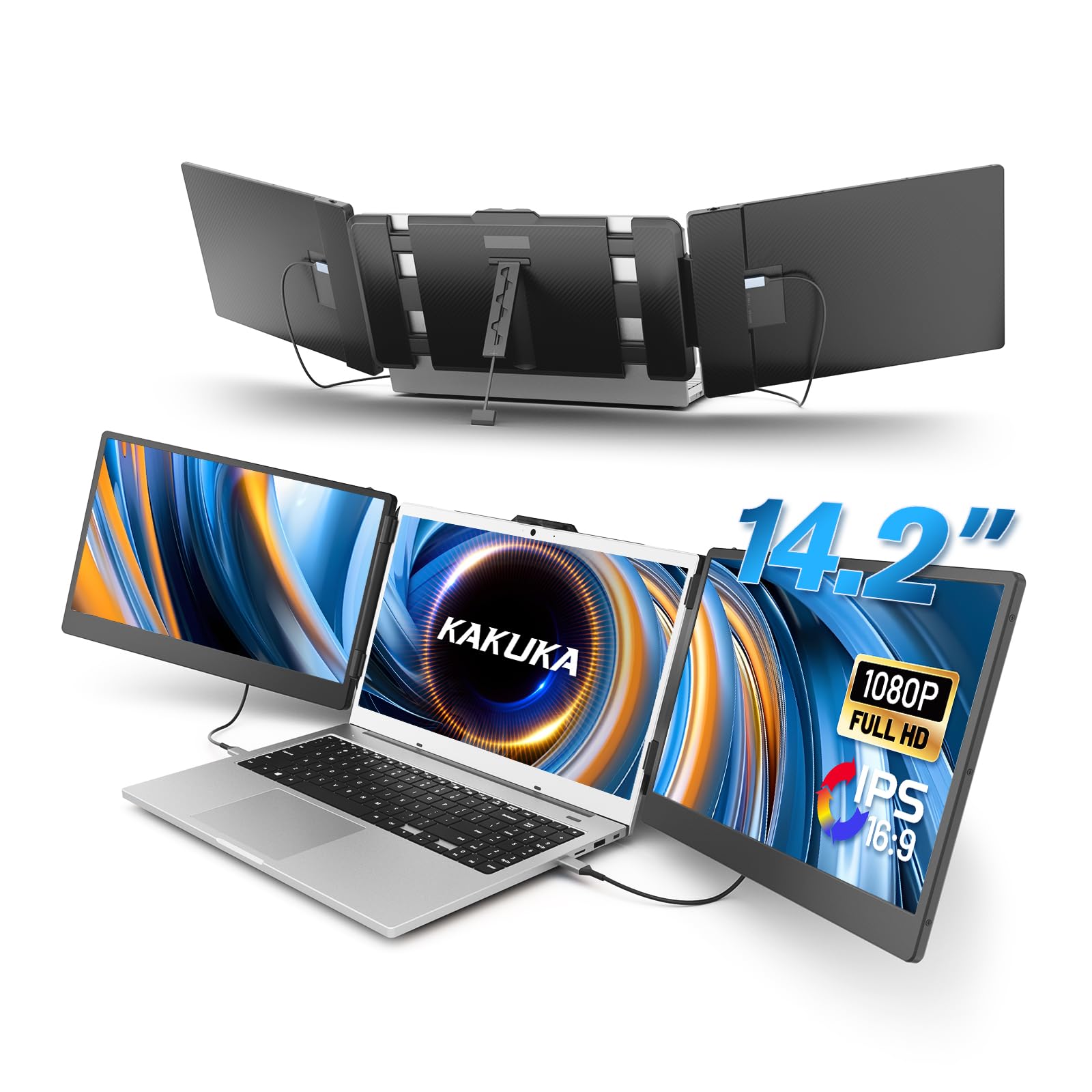 kakuka Laptop Screen Extender, 14.2” FHD 1080P IPS Portable Monitor for 13.3”-17” Laptop, HDMI/USB-A/Type-C Laptop Monitor Extender with Kickstand, Plug and Play for Mac/Wins/Android/Switch