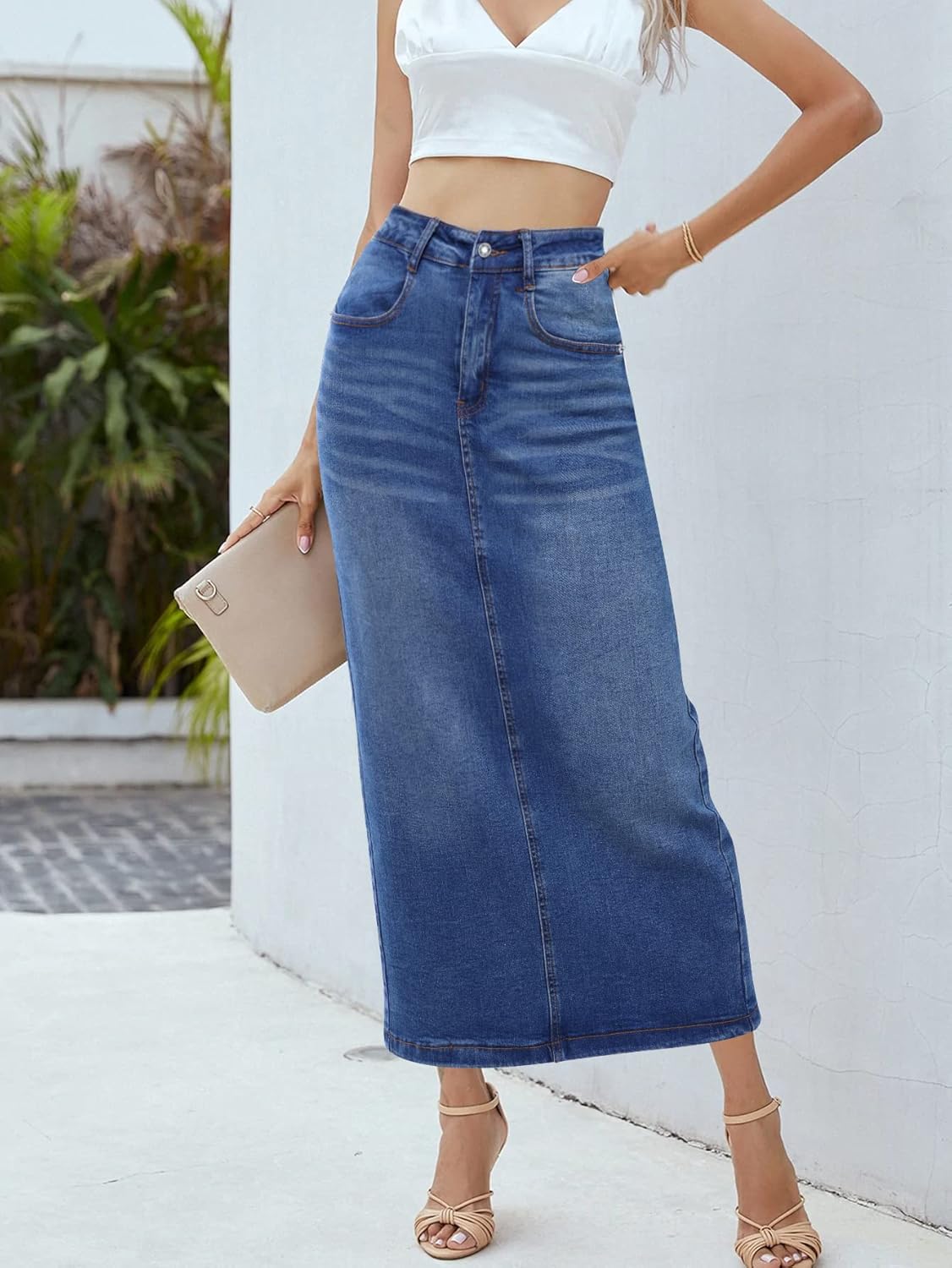 Long Denim Skirt for Women Casual A-Line Denim Maxi Skirt Stretch High Waisted Jean Skirt with Pocket Blue - Image 2