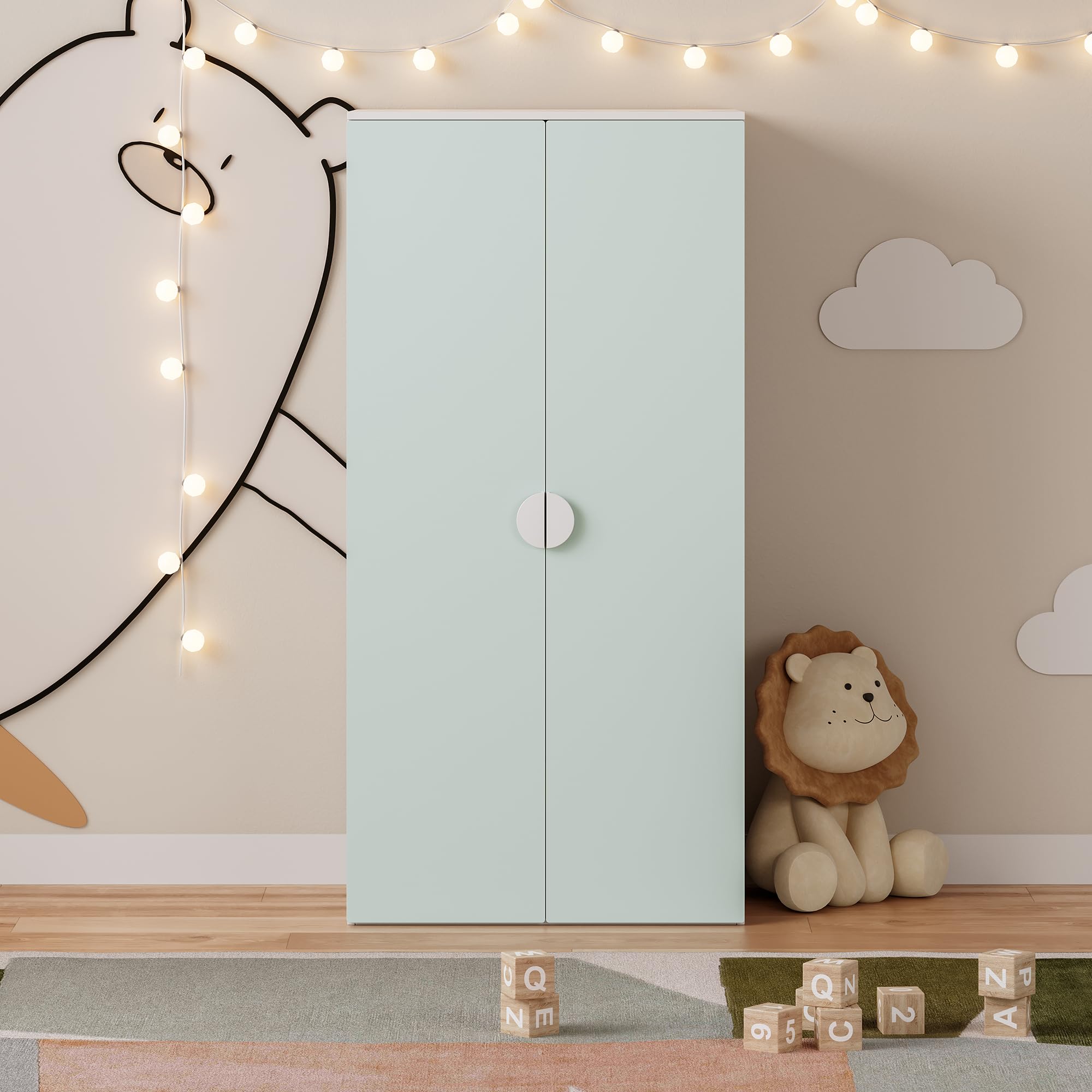 Armario Ropero Infantil Sandnes 123x60x40 cm Blanco/Verde Menta con Barra Colgante y 2 Puertas