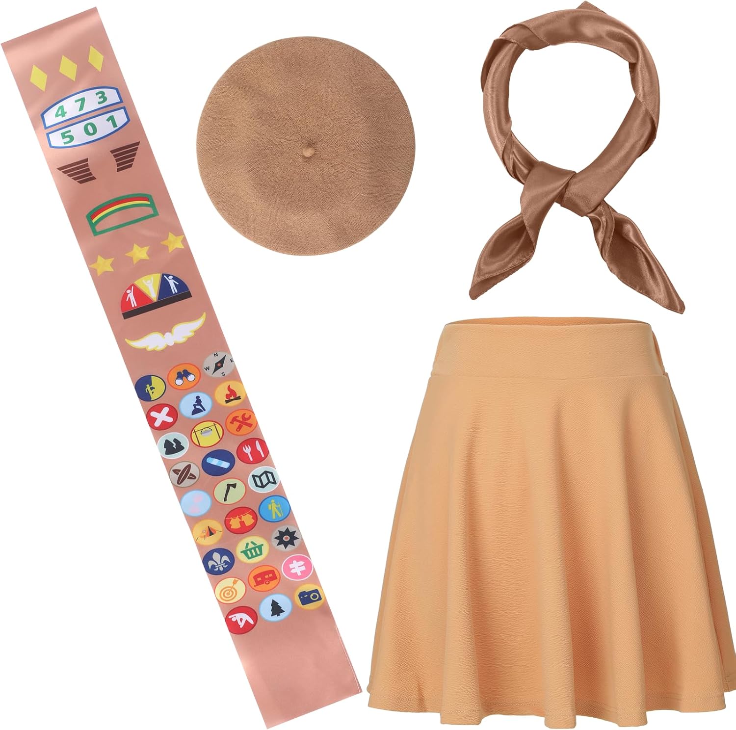 Shinymoon 4 Pcs Halloween Scout Costume Set for Woman Cosplay Neck Hair Scarf French Beret Satin Sash Mini Skater Skirt Size L Dark Camel
