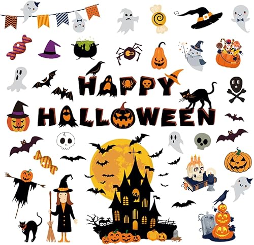 Calcomanías de pared de Halloween de vinilo, calcomanías de pared de Halloween, adhesivos de pared extraíbles de Halloween, murciélagos de bruja,