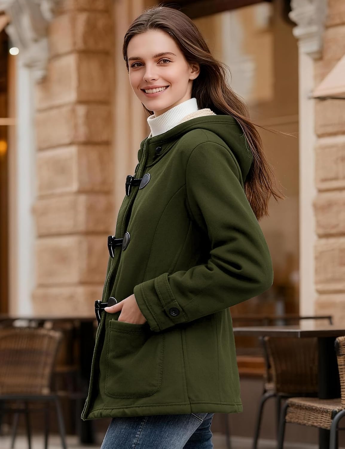 Flygo Sherpa Lined Winter Jackets for Women Fleece Hoodie Jacket Warm Fall Winter Toggle Duffle Coats - Image 3