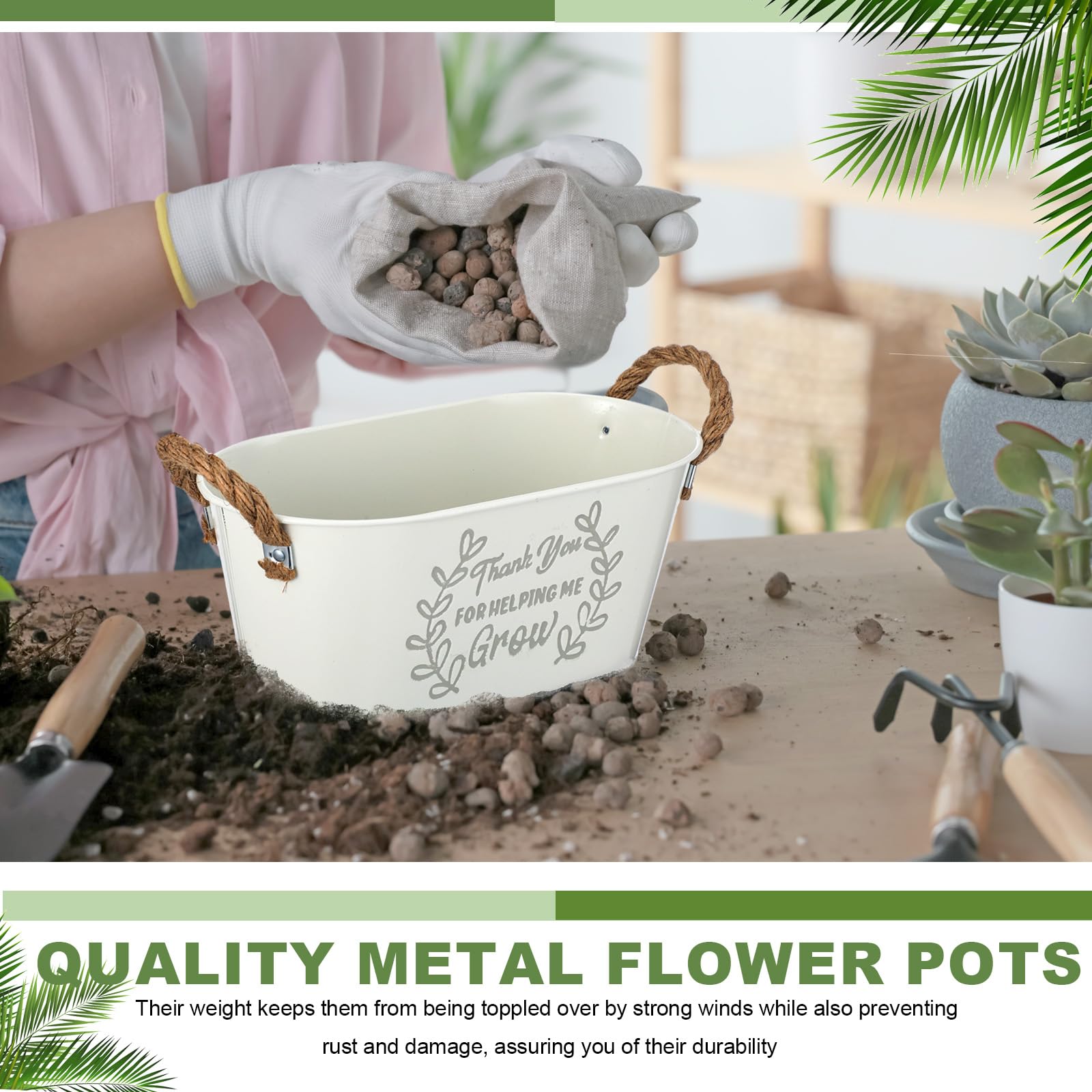 4 macetas ovaladas de metal blanco con mango pequeño para regalo de jardinería, regalo para amantes de las plantas, agradecimiento por ayudarme a crecer, 4 unidades