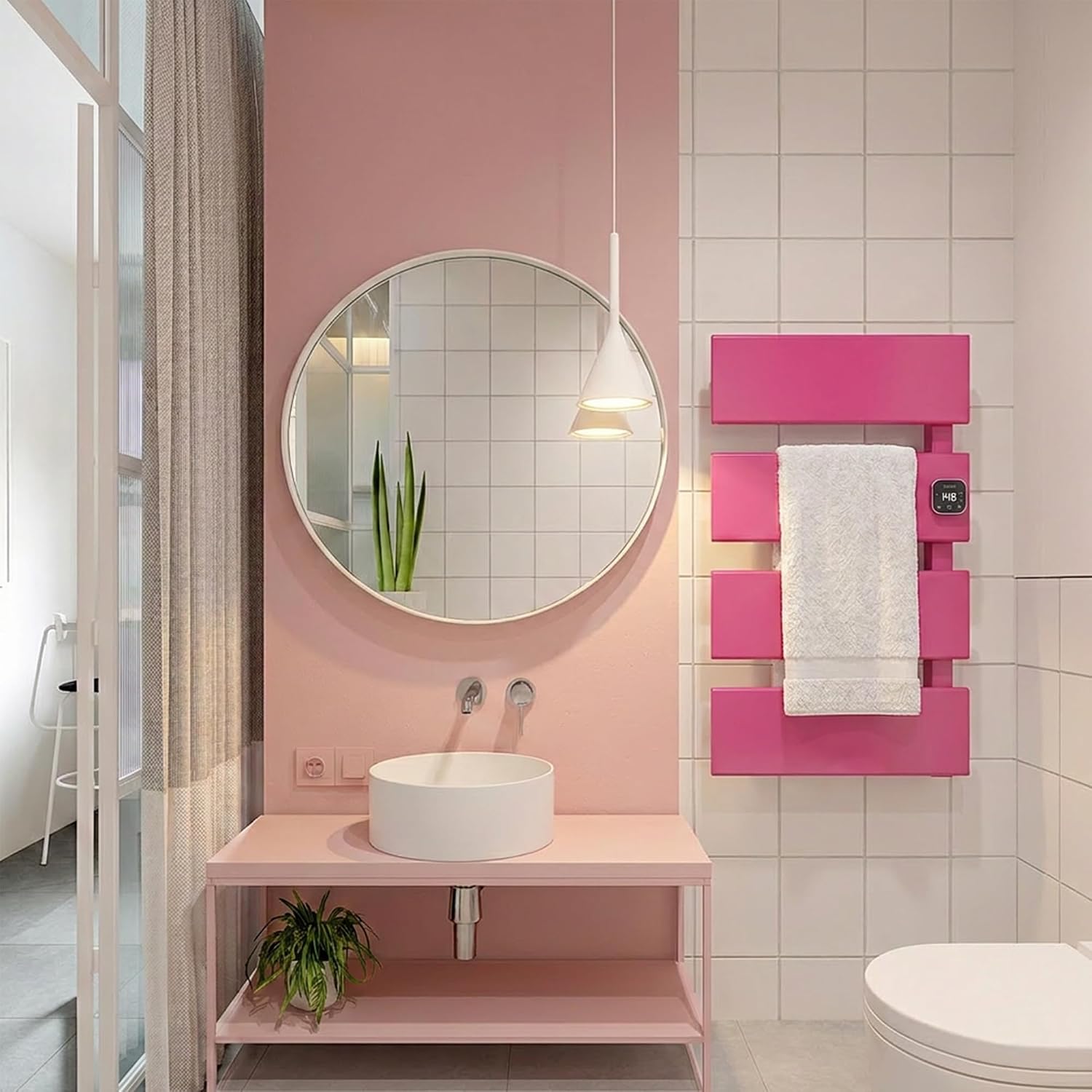 Electric Towel Warmer, Heated Towel Rack with Thermo Control and Timer, Fast Heating Towel Rail for Bathroom with Memroy Function, Work with Smart Plug, Right-Wiring, 4 Panel, Pink