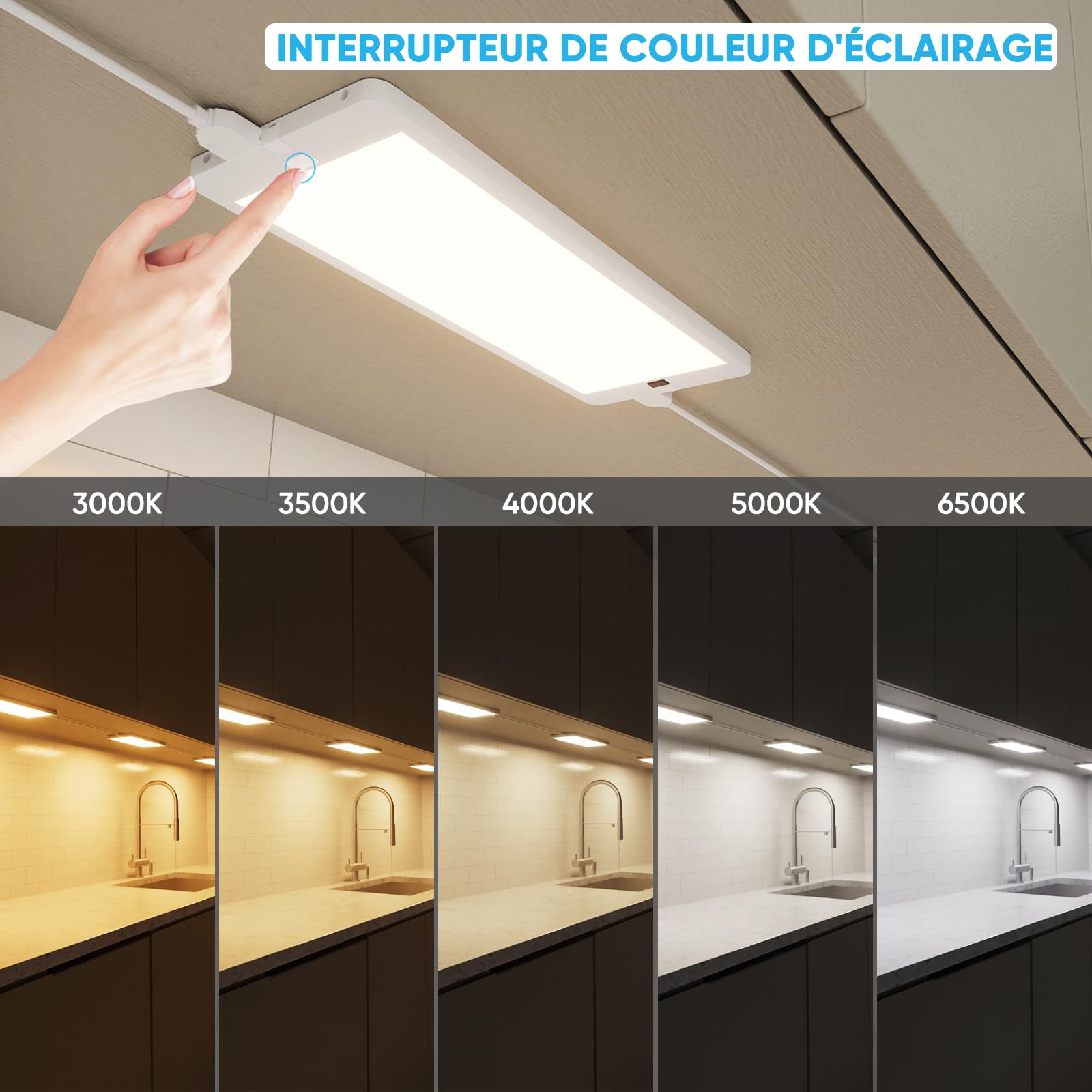 Lampes Plat LED sous Meuble Plan de Cuisine Dimmable avec Interrupteur à Capteur sans Contact, Éclairage pour Plan de Travail Cuisine, 3 Lampes, 5 Couleurs Éclairage, Entrée 230V
