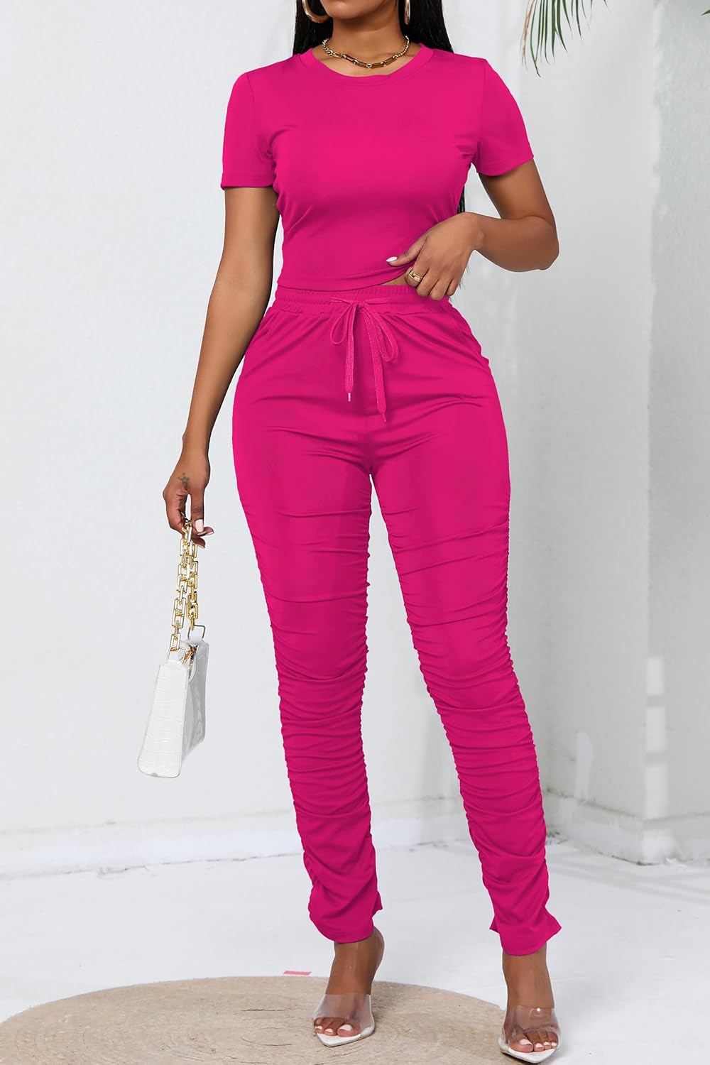 PINSV Women's 2 Piece Outfits Bodycon Lounge Wear Crop Top Stacked Pants Going Out Jogging Tracksuit Sets - Image 6