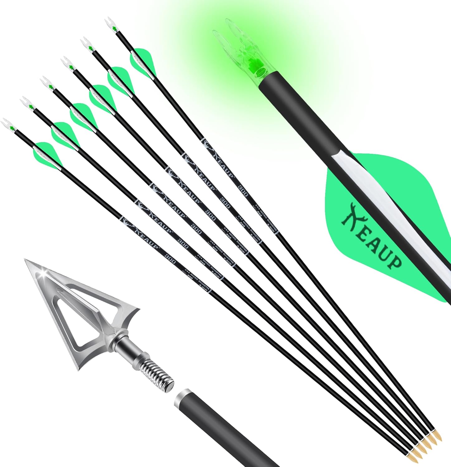 31 inch Carbon Hunting Arrows with 100 Grain Broadheads and .244/6.2mm Lighted Nocks Set, 6-Pack Hunting Compound Bow and Recurve Bow Shaft Spine 300/350/400/500