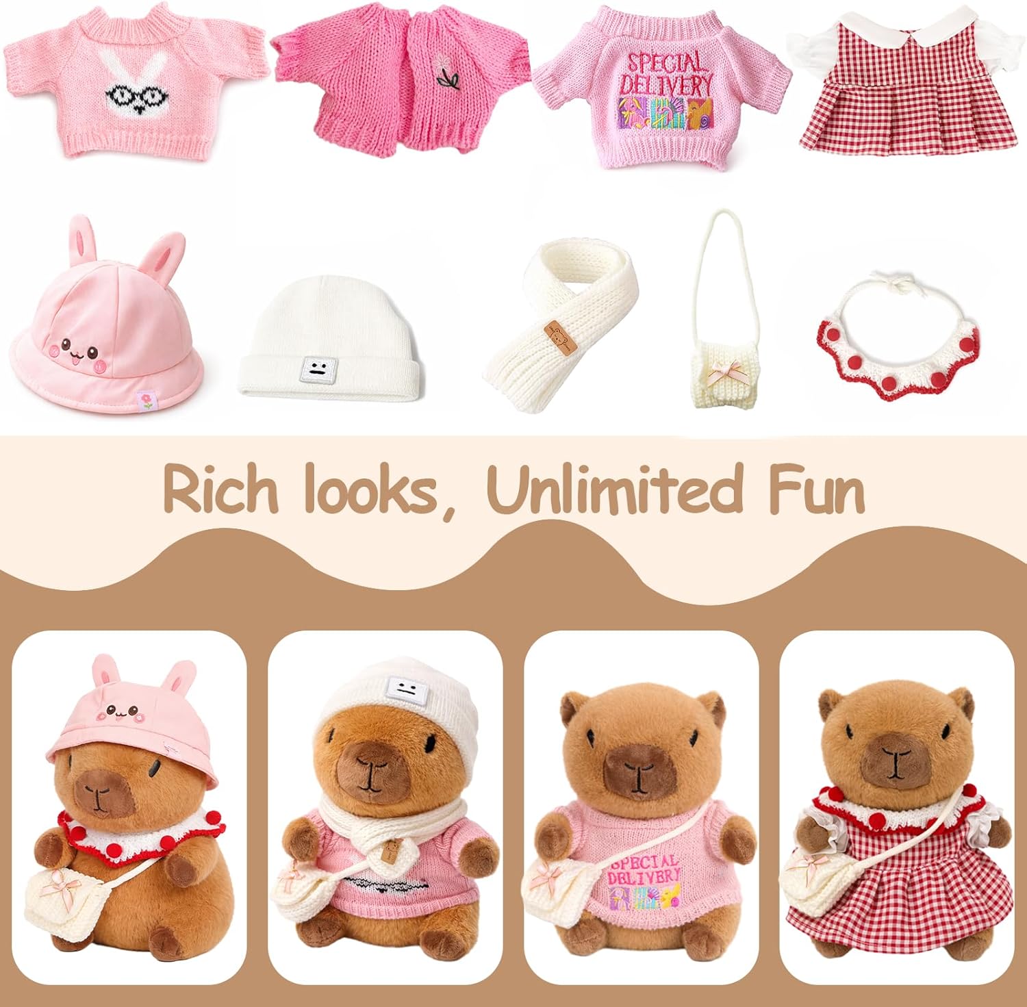 10.2" Brown Capybara Plush Toy with 9 Clothes and Accessories Super Soft Capybara Stuffed Animal for Kids Girls Boys (Pink Capybara)