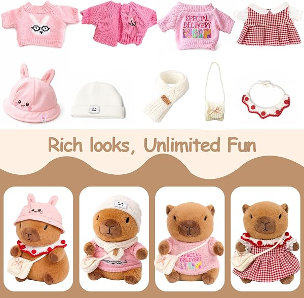 10.2" Brown Capybara Plush Toy with 9 Clothes and Accessories Super Soft Capybara Stuffed Animal for Kids Girls Boys (Pink Capybara) - 2