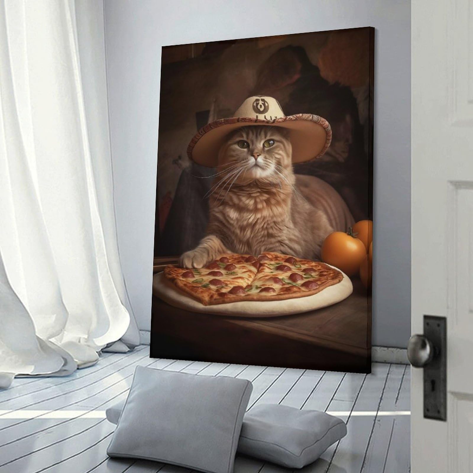 Junmoney Canvas Wall Picture Kitten Cowboy Loves Pizza, 24x36inch(60x90cm), for Office, Study Or Home Workspace, Canvas Wall Decor for Creative Rooms