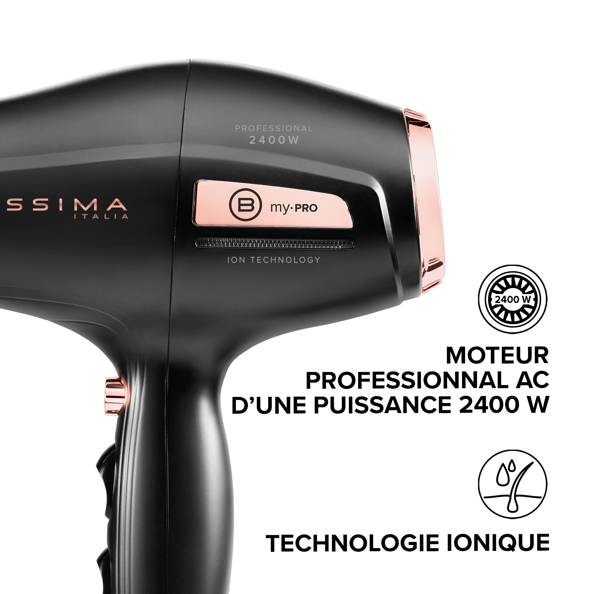 Bellissima Sèche Cheveux Professionnel Technologie Ionique, Grille Céramique - My Pro P3 3400 - Embout Étroit + Diffuseur, 8 Combinaisons Air/Température, Cheveux Doux, Hydratés et Soyeux - 2400 W
