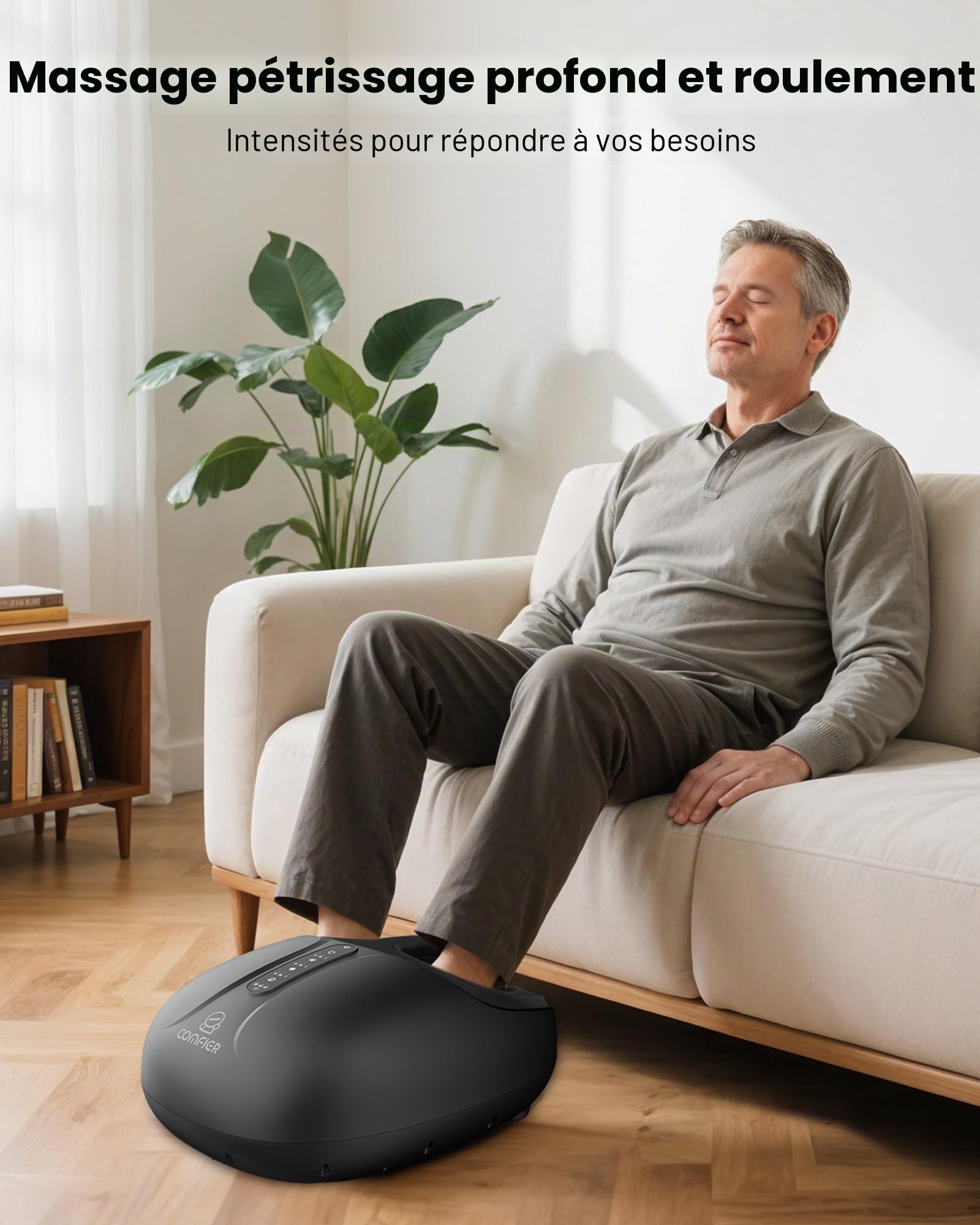 COMFIER Masseur de pieds avec chaleur, massage Shiatsu des pieds, double chauffage dessus et plante du pied, 3 niveaux de pétrissage et compression, télécommande, jusqu’à UE 46, cadeau femme homme