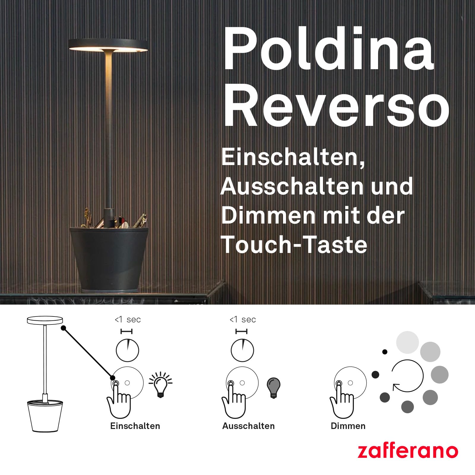Zafferano, Poldina Reverso Lampe, Wiederaufladbare und Kabellose Tischlampe mit Touch Control, Geeignet für den Innen- und Außenbereich, Dimmer, 2200-3000 K, Höhe 35 cm, Farbe Salbei