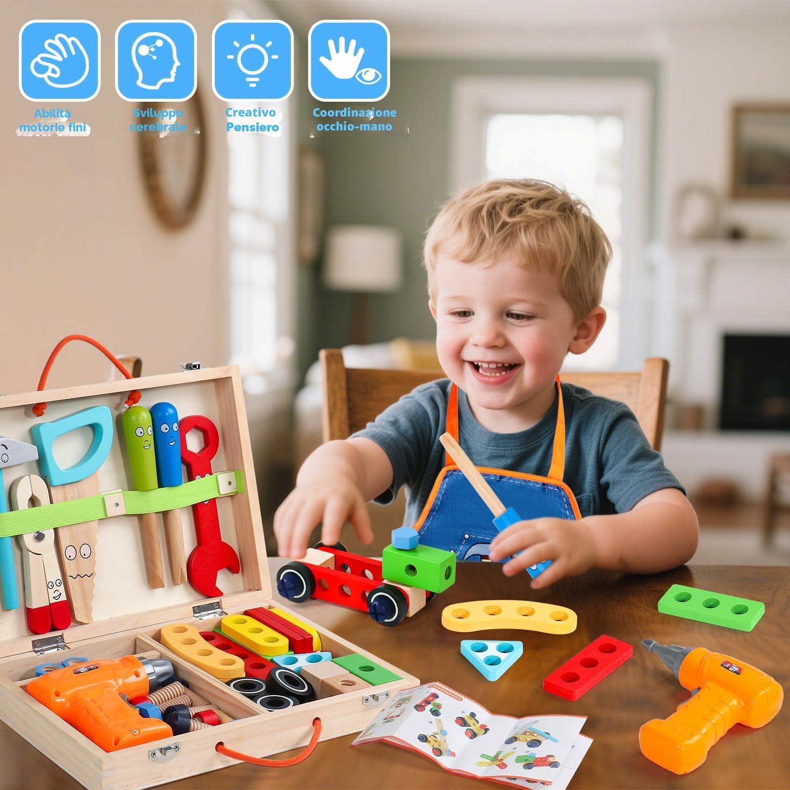 Giochi Bambini 3 Anni Cassetta Attrezzi Bambini Gioco Bambino 3 Anni in Legno con Trapano Elettrico & Grembiule Giochi Montessori 3 4 5 Anni, 45 Pezzi Regalo Bambino 3 4 Anni Maschio, 45 Pezzi