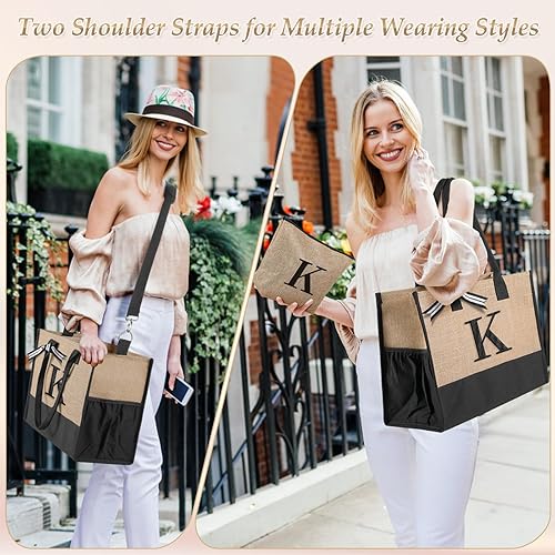 Miniatura 5 de Regalos personalizados de 50 cumpleaños para mujeres, bolsa de mano inicial con bolsa de maquillaje, bolsas de playa bordadas de yute, regalos de