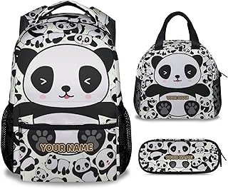 KAXVZER Custom Panda Girls Backpack with Lunch Box - 3 in 1 School Backpacks Matching Combo - Cute Black Bookbag and Pencil Case Bundle