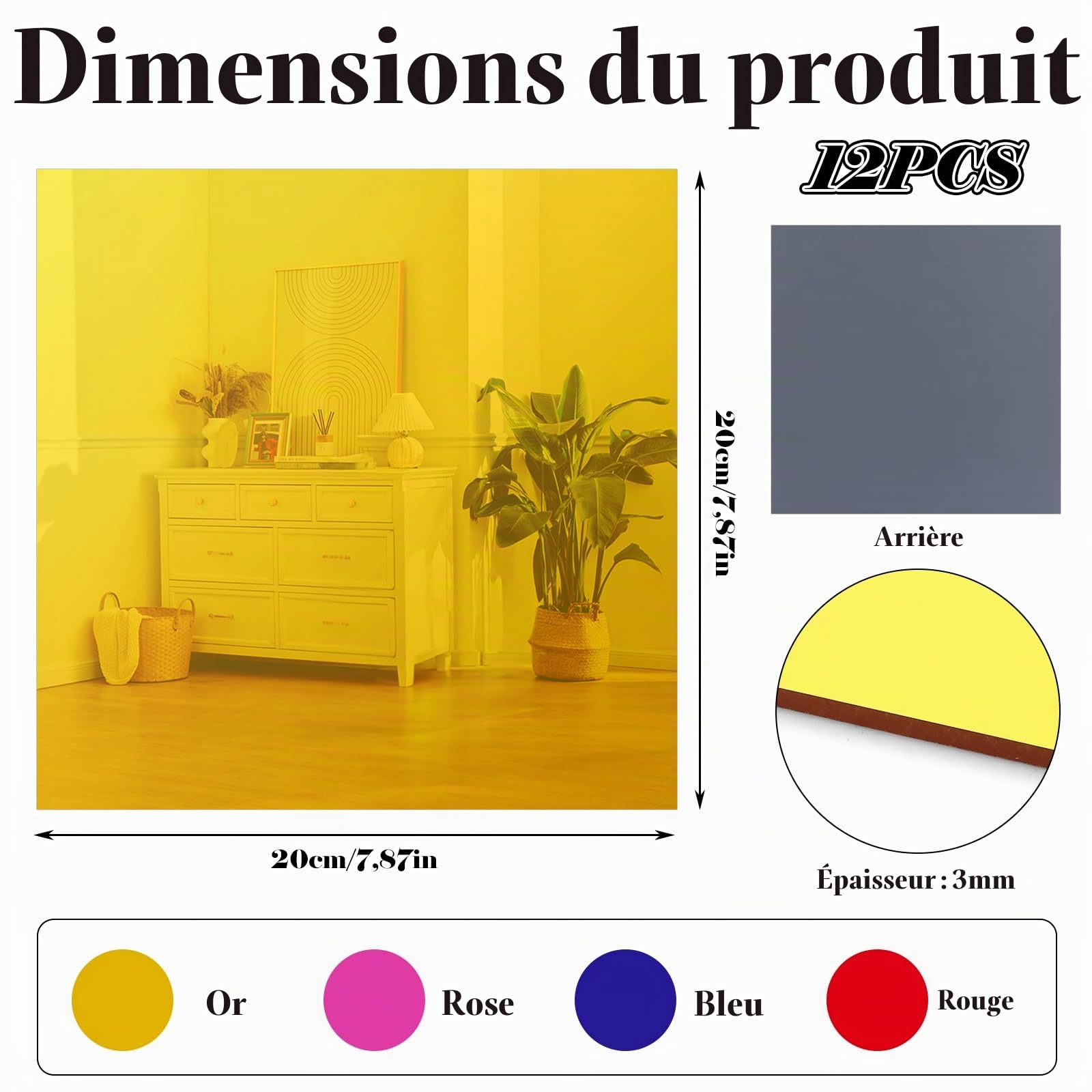 WOPPLXY 12 Pièces Plaque Acrylique, Plaque Acrylique pour Gravure Laser de 200 x 200 x 3 mm, Plaques Plastique Rigide Effet Miroir pour Loisirs Créatifs et Cadres Photo (Or, Rose, Bleu, Rouge)