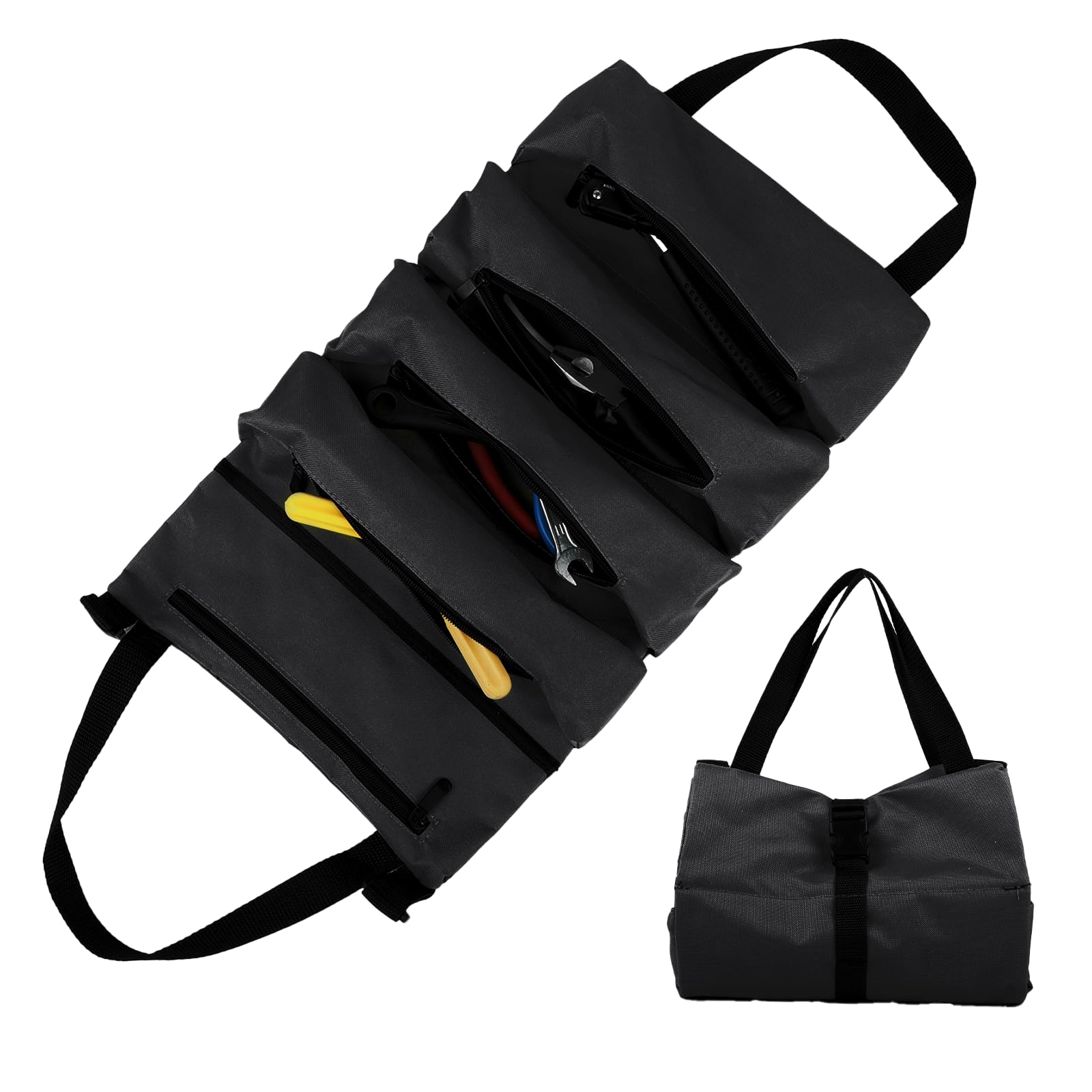 Borsa per Attrezzi Arrotolabile, Tasca Porta Attrezzi - Borsa Portautensili con 5 Tasche con Cerniera - Per Elettricisti, Idraulici, Falegnami, Uso Domestico, Auto e Moto (Nero)