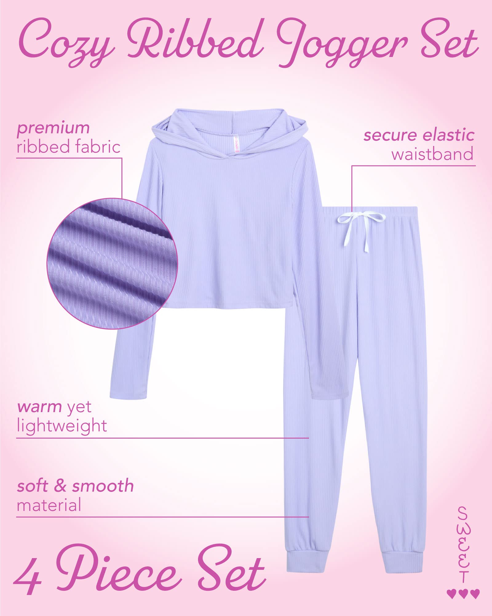 Sweet Hearts Set tuta da ragazza – 4 pezzi leggero a costine pullover felpa con cappuccio e pantaloni della tuta: Made in USA