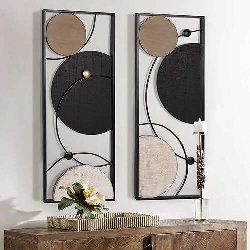 Oakrain 2 piezas de arte de pared de metal, 35.4 x 14.1 pulgadas, decoración de pared de astronomía abstracta con marco, planeta y línea de órbita,