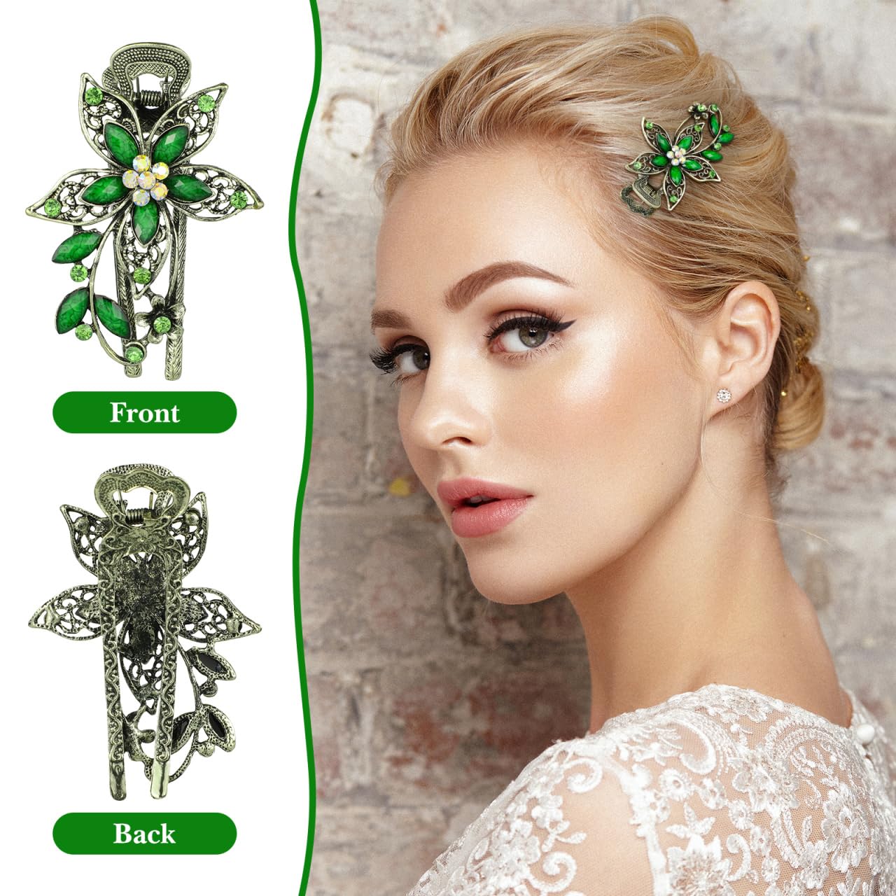 Healeved Green French Vintage Flower Hair Barrettes - Floral Hair  display picture 1