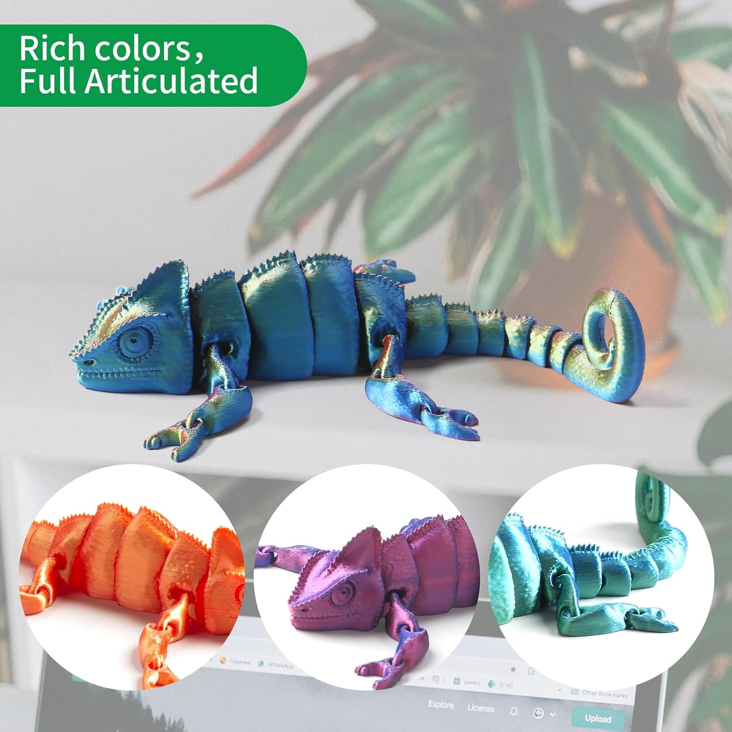 3D Printed Chameleon Articulated Fidget Toy - 12Inch PLA Flexible 3D Lizard Toy with Movable Joints, Stress Relief Desk Decor & Unique Gift for Reptile Lovers & Adults