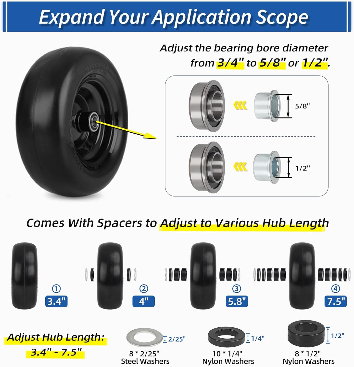 GICOOL 11x4.00-5 Rubber Lawn Mower Tire and Wheel Assembly, 11x4-5 Smooth Tread Pneumatic Tire with 1/2" or 3/4" or 5/8" Bearing Bore, 3.4"-7.5'' Centered Hub, for Zero Turn Riding Mower (2-Pack)