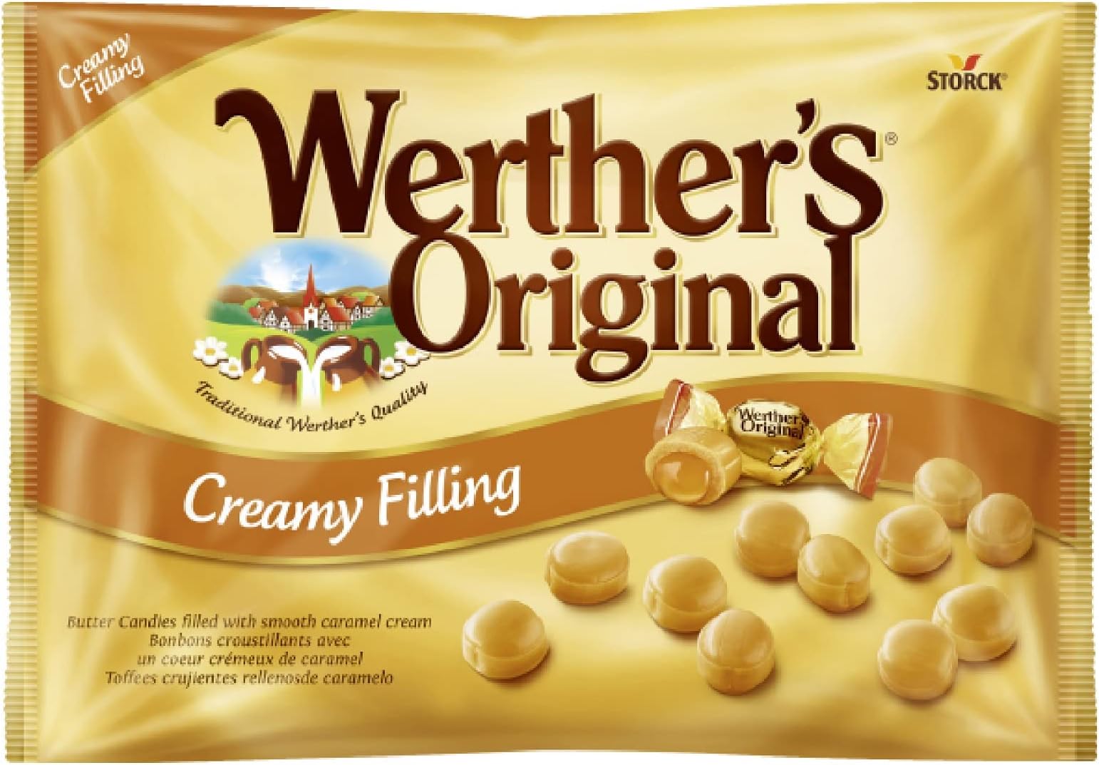 Werthers Original Creamy Filling Sweets, Smooth Caramel Center Delight, Gluten-Free Vegetarian, 1 kg Sharing Bag.
