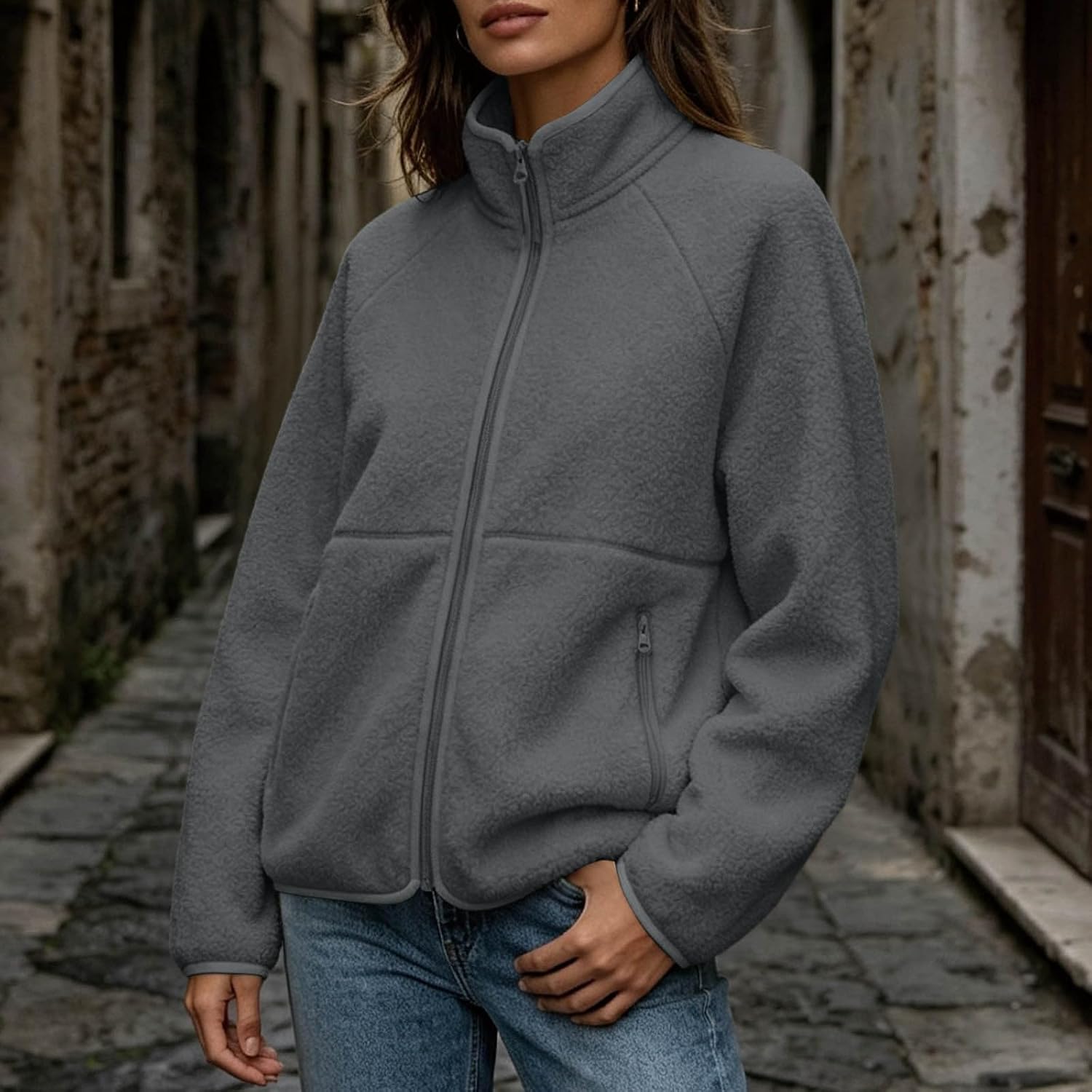 Women's Stand Collar Fleece Jacket Zip Up Front Sporty Raglan Coat