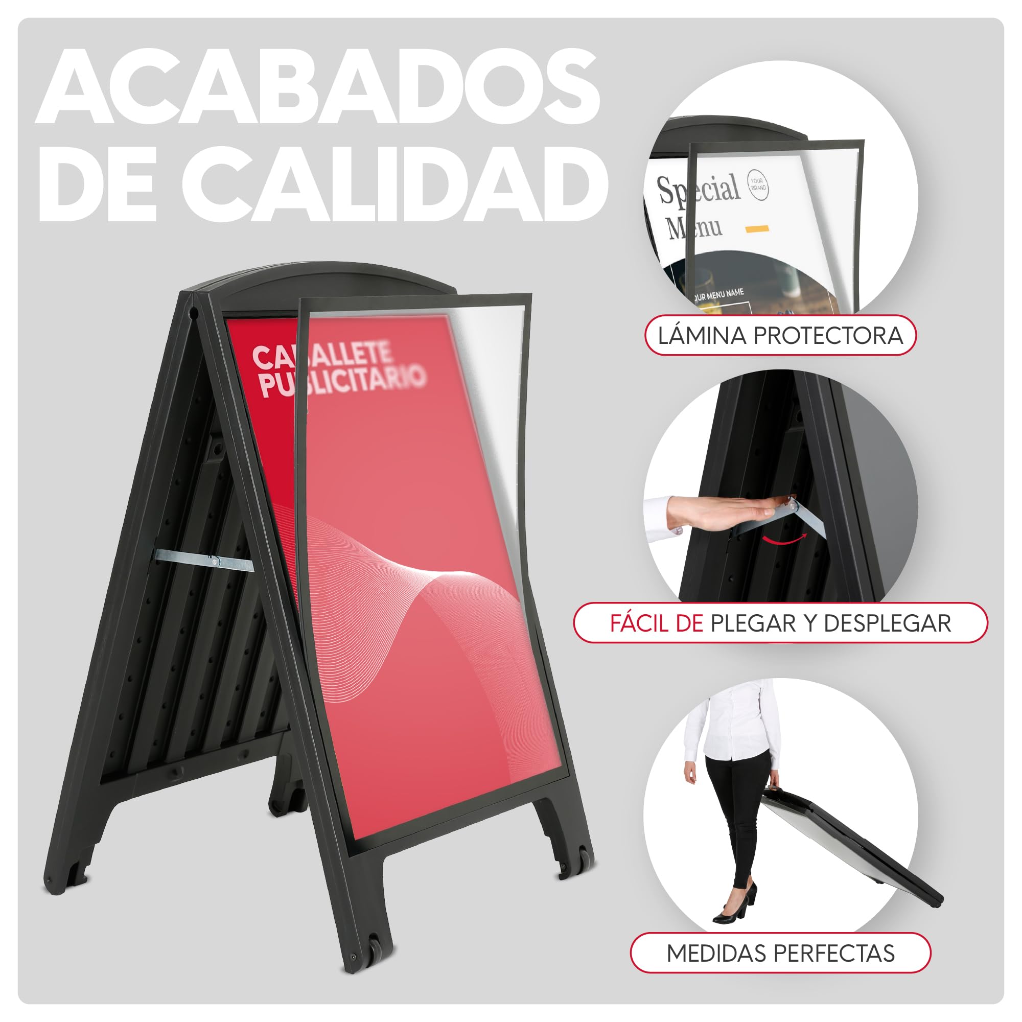 Caballete Publicitario de Acera | Expositor Plegable de Plástico con Asa y Cubierta Antirreflejos | Apto para Carteles en Hostelería y Comercios