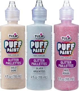 Tulip Puff Fabric Paint, Permanent Craft Paint for Clothes, DIY Projects, Notoxic, 4 fl oz 3-Pack, Festive Glitter Variety Pack - Gold, Silver, Red