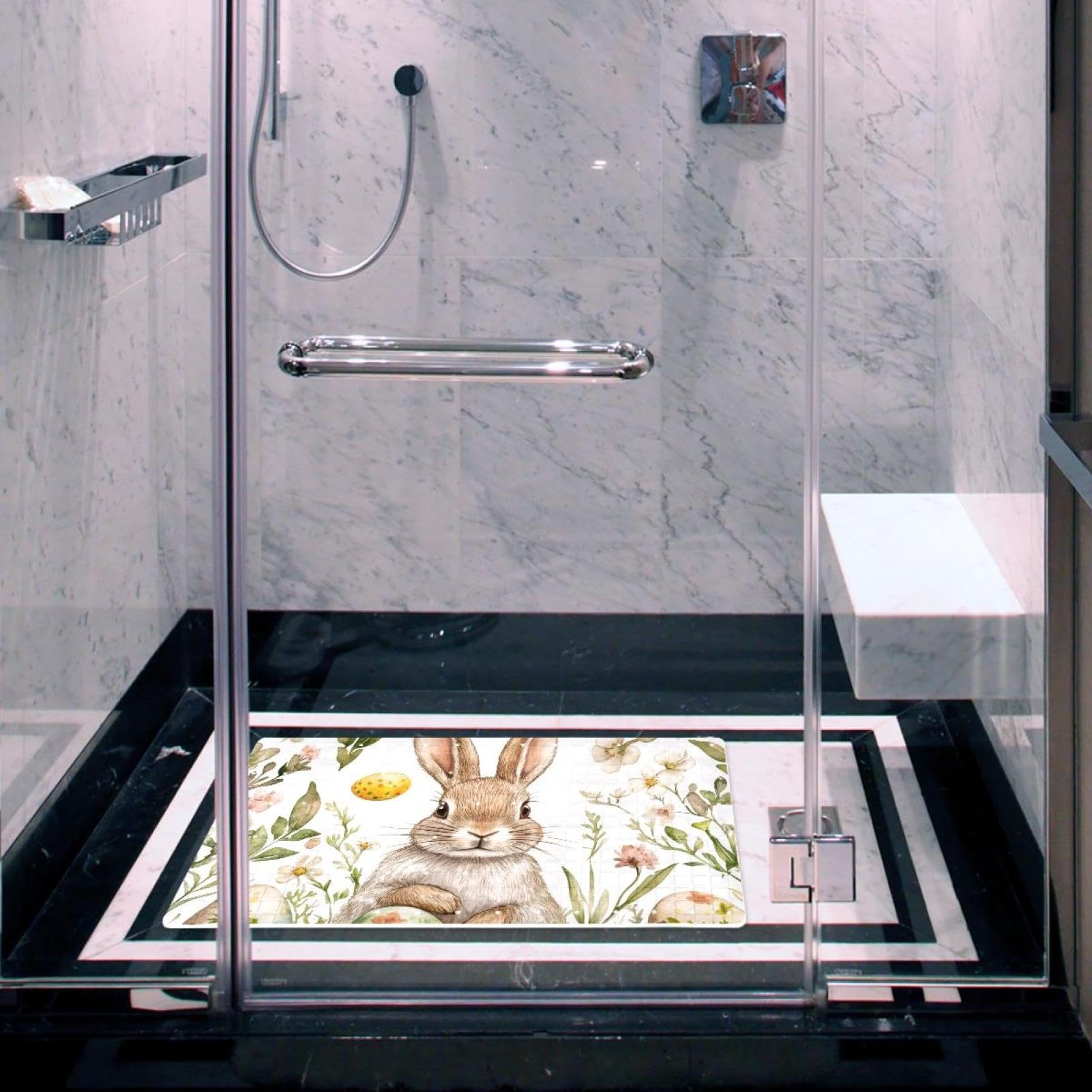Badematten für die Badewanne, Motiv: Osterhasen und Blumen, rutschfest, rechteckig, Duschmatte mit Saugnäpfen, maschinenwaschbar, Badezimmermatte, 39,9 x 70,9 cm