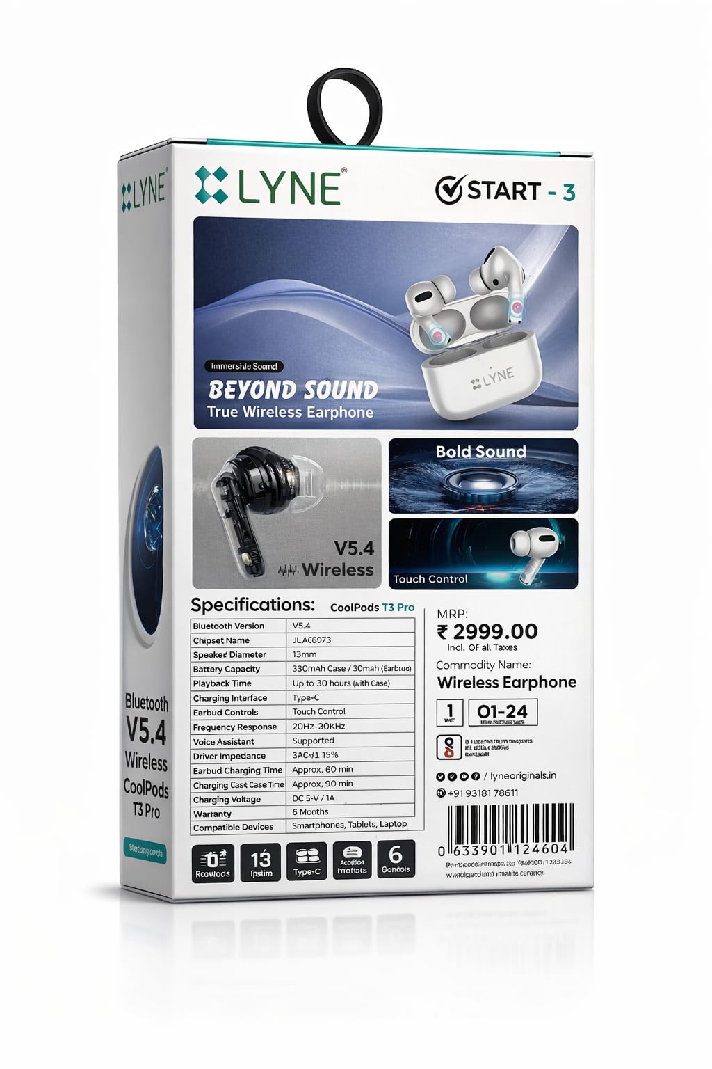 LYNE Start-3 True Wireless Earbuds, Bluetooth V5.4, 30H Playtime, Type-C Fast Charging, Touch Control, Voice Assistant, 13mm Driver, JL AC6973 Chipset, White-image-3