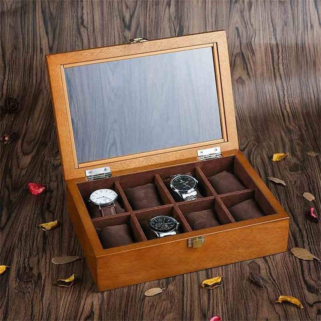 Caja de Madera para Relojes, colección de Relojes, joyero, con Tapa de Cristal y Revestimiento marrón.