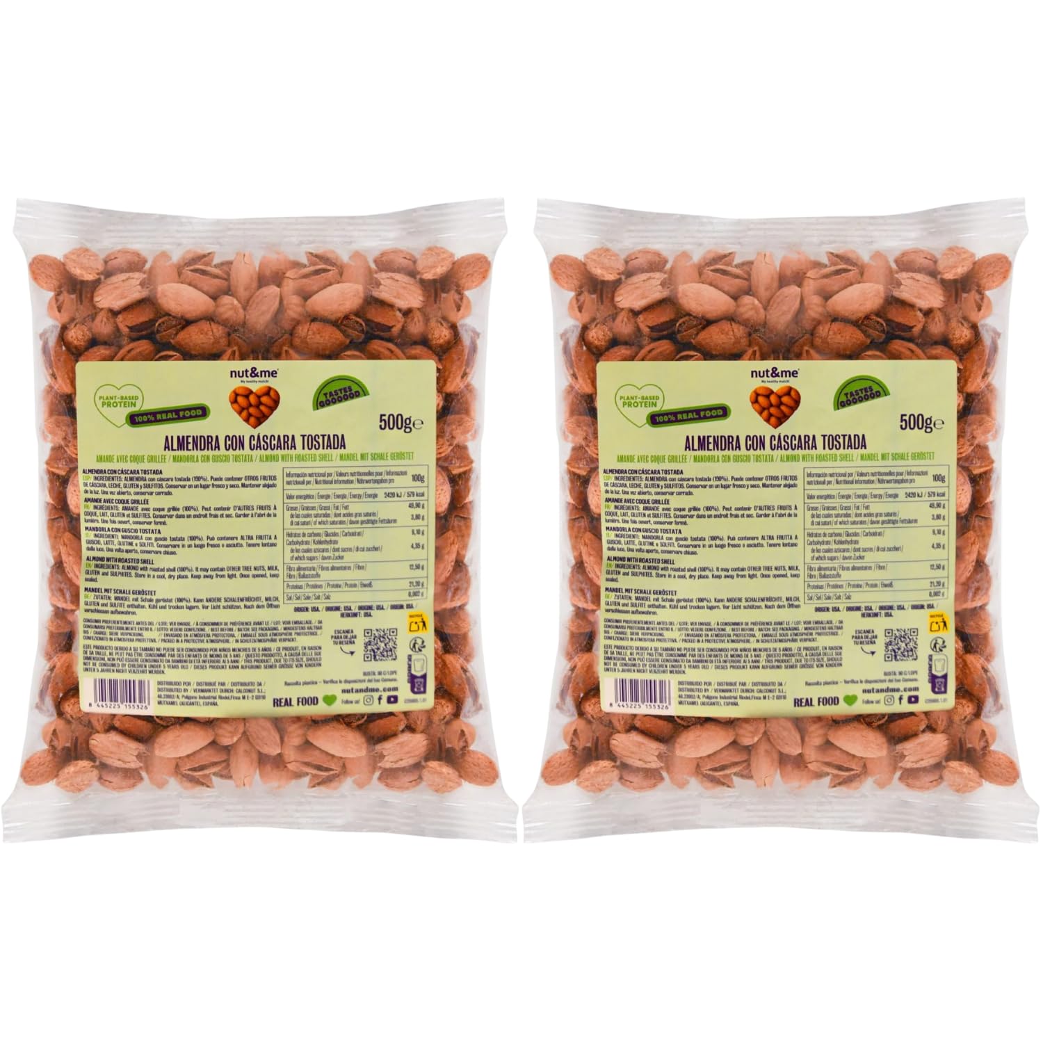 nut&me Almendras Tostadas con Cáscara 1 kg | Almendruco | 100% Naturales | Fuente de proteínas | Alto contenido en fibra | Sin gluten | Pack 2 x 500gr