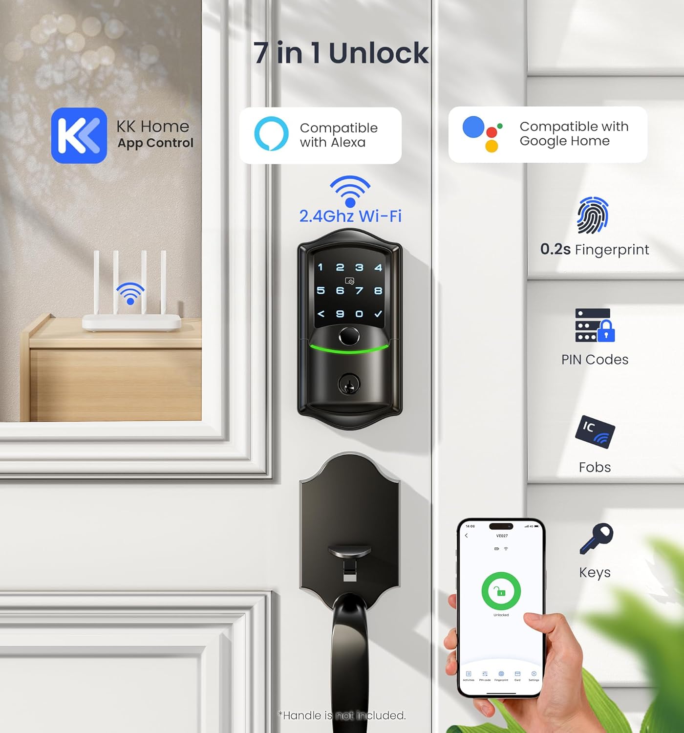 Diagram showing 7-in-1 unlock methods for Veise VE027 Smart Lock