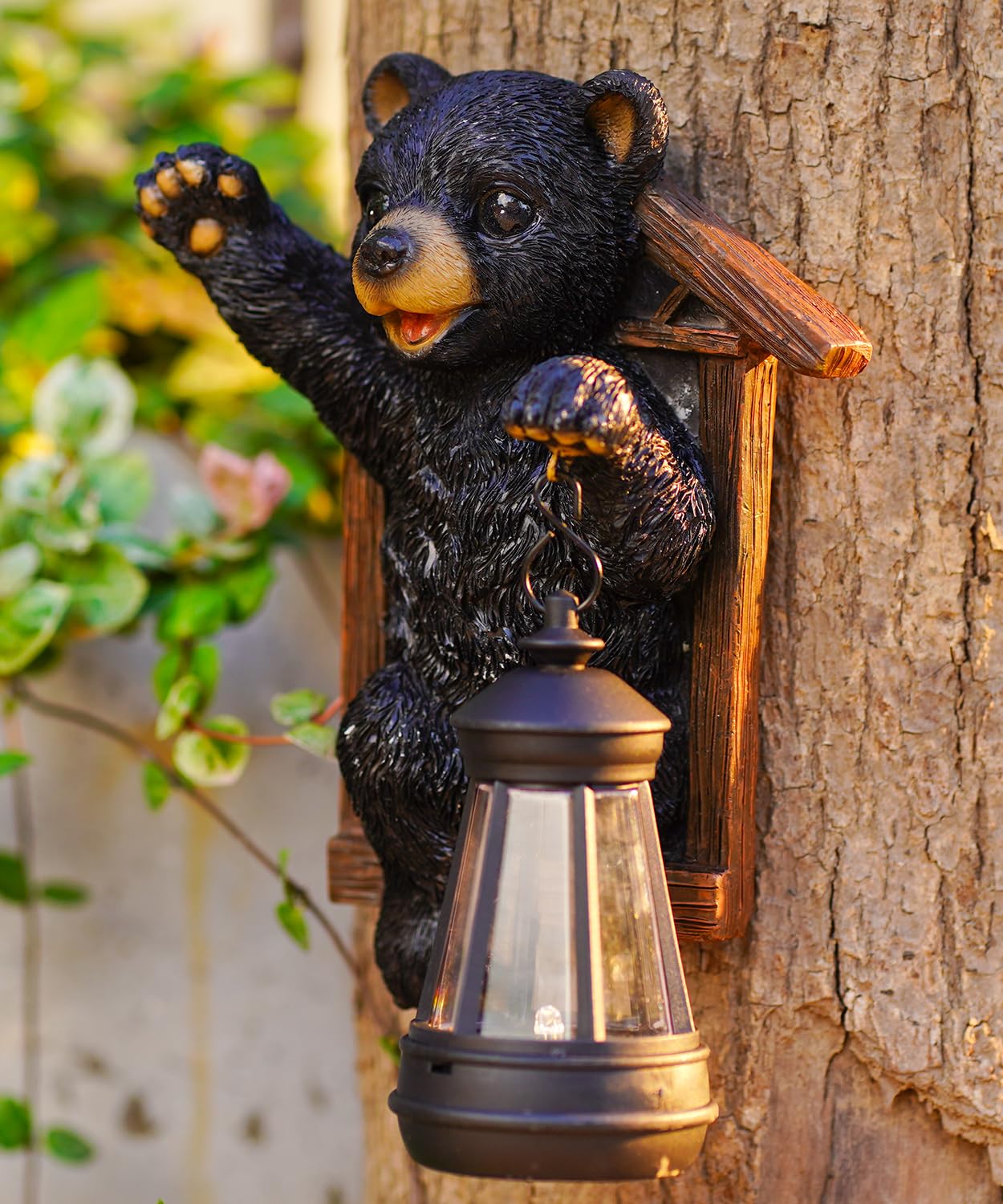 Fashionoda Black Bear Decor with Solar Lantern Tree Hugger - 8 Inch Bear Statue Outdoor Garden Yard Decor,Best Bear Garden Gifts for Mom,Women