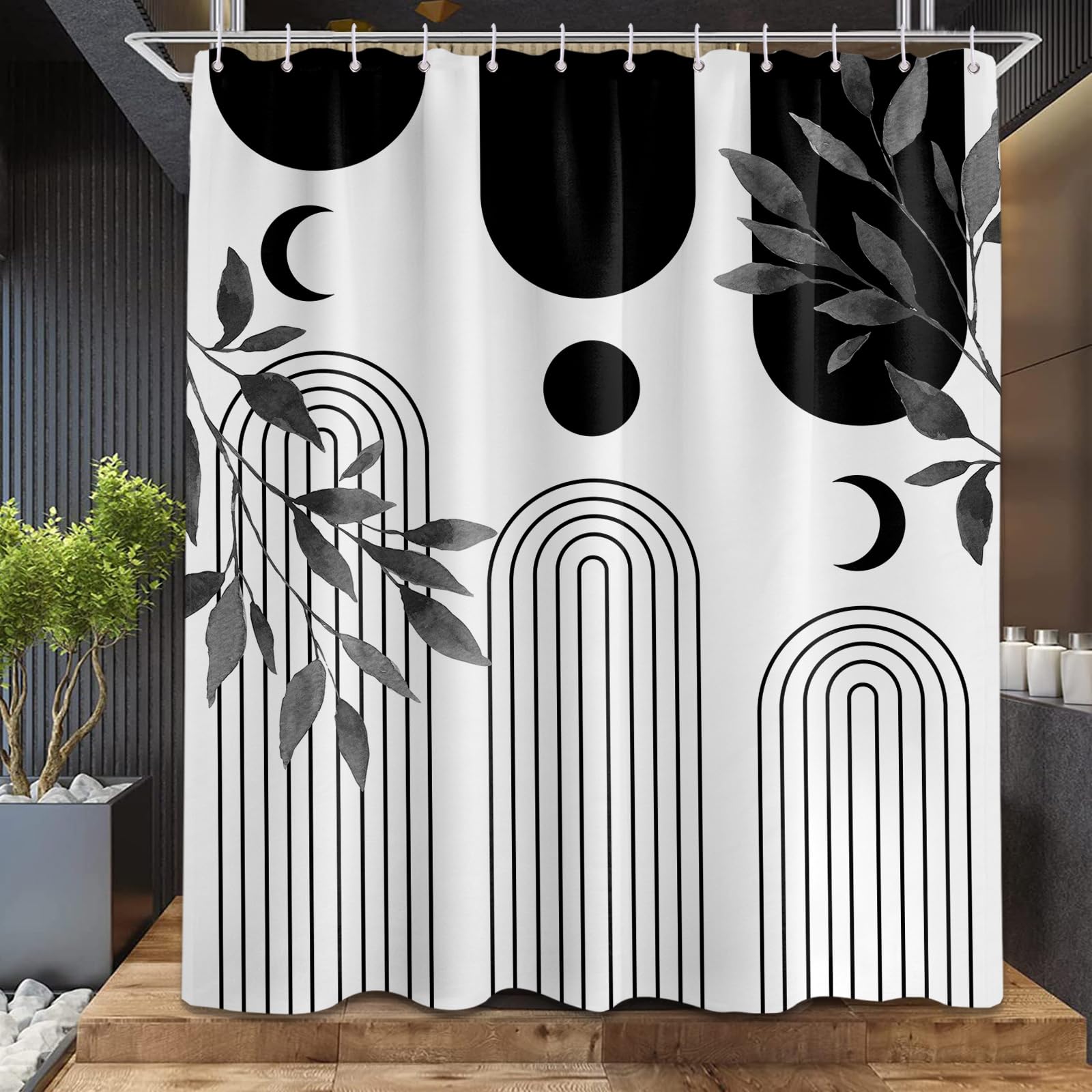 LanZanthic Black and White Shower Curtains for Bathroom Boho Mid Century Modern Leaves Wet Room Shower Curtain with hooks, Mould Proof Resistant, Waterproof, Washable, Fabric, 180 x 200 cm