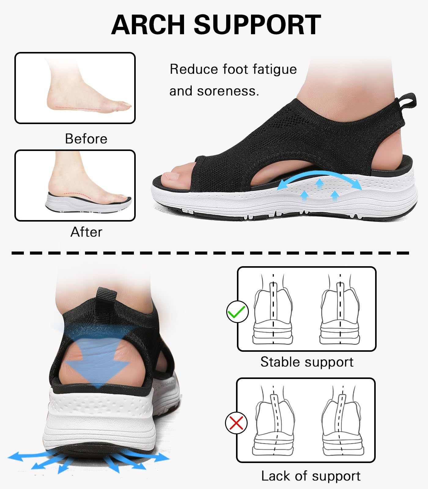 Sandales de marche orthopédiques confortables pour femme - Soutien de la voûte plantaire - Antidérapantes - Bout ouvert - Sandales de sport pour l'été, la plage