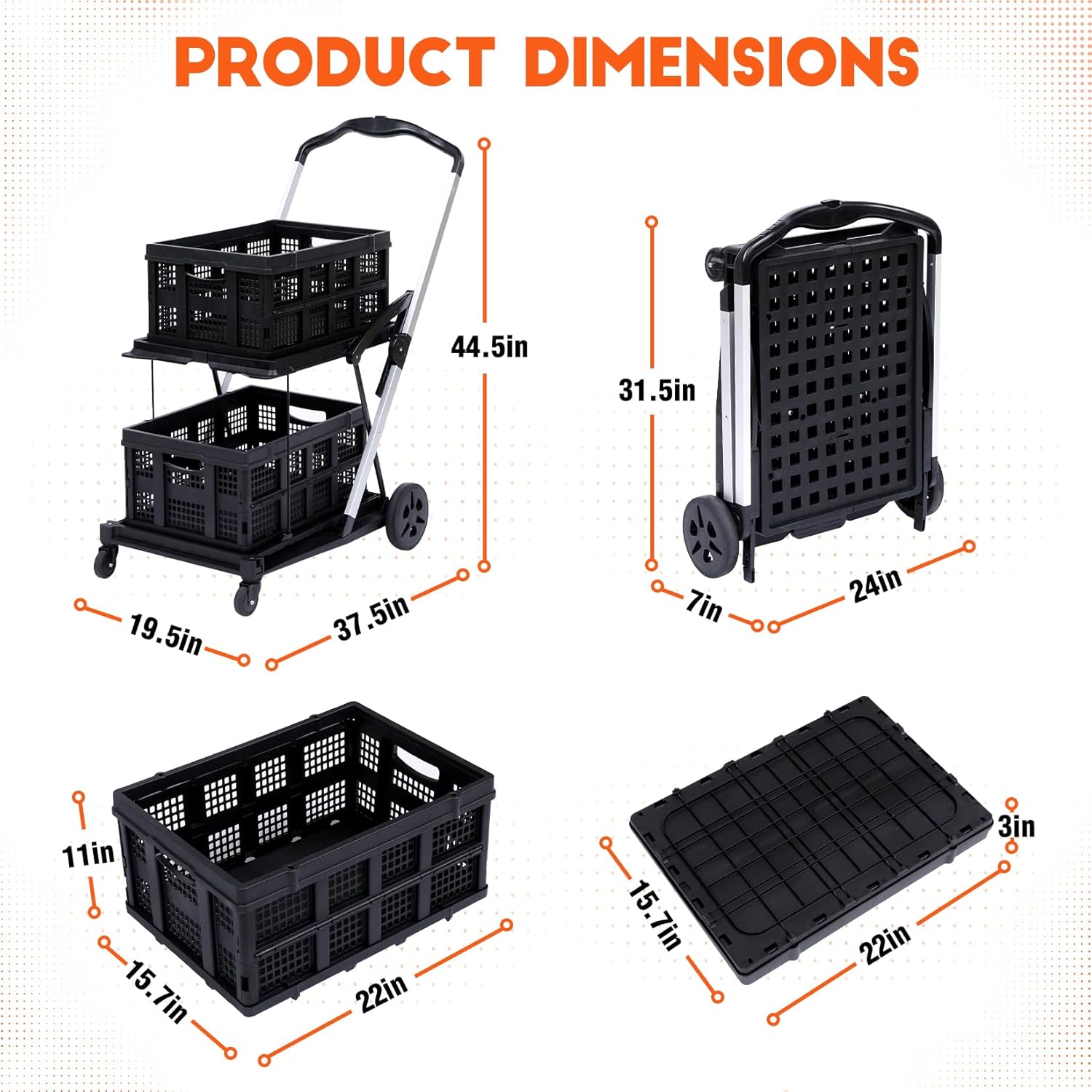 Two Layers Folding Shopping Carts | Multi Use Functional Collapsible Carts with 360 Rolling Swivel Wheels Shopping Cart with Storage Crate | Utility Cart for Groceries, Warehouse