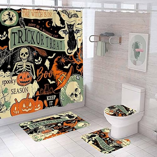 Vista 17 de Juego de 4 cortinas de ducha de calabaza de Halloween con alfombras, cortina de ducha gótica, cortina de ducha negra de tela impermeable, terror