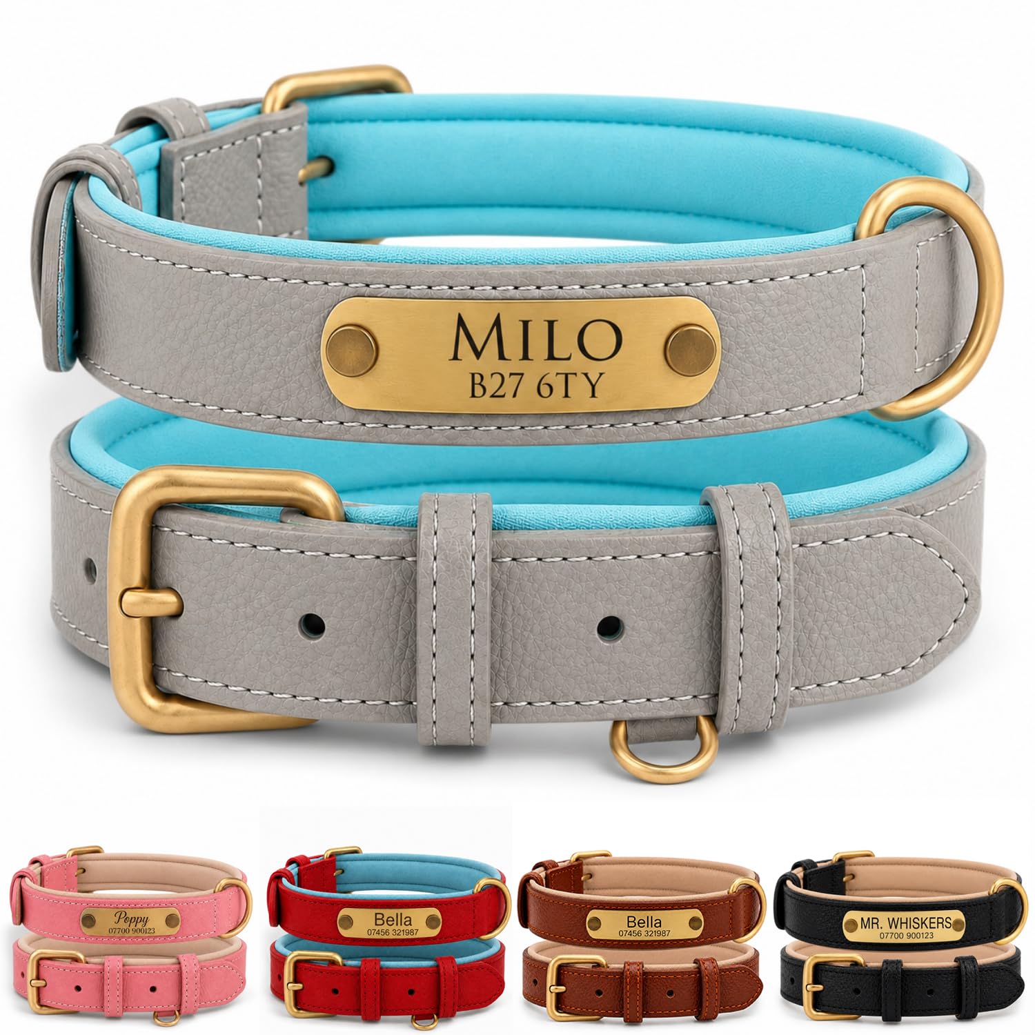 Personalised Genuine Leather Dog Collar, Soft Padded Adjustable Collar with Custom Engraved Name Plate, Custom ID Nameplate Collar for Puppy Small Medium Large Dogs, UK Dispatch (Green, M)